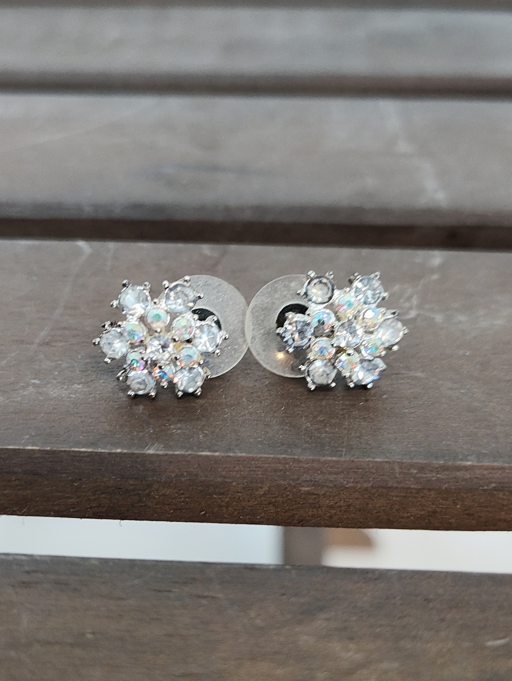 Crystal Cluster Snowflake Flower Stud Earrings - Silver Tone